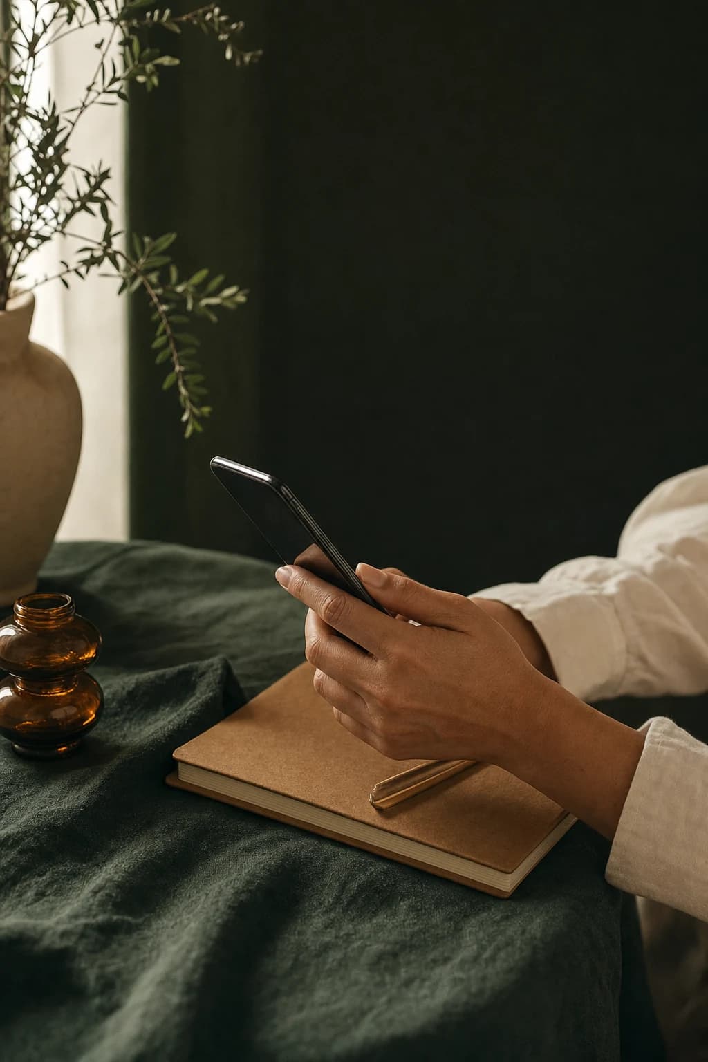 Profissional segurando um celular sobre uma mesa de trabalho